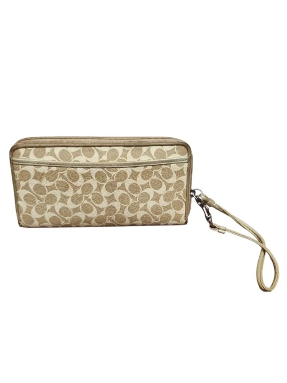 Vintage Coach Signature Zip Around Wristlet Wallet Beige Gold Monogram Clutch